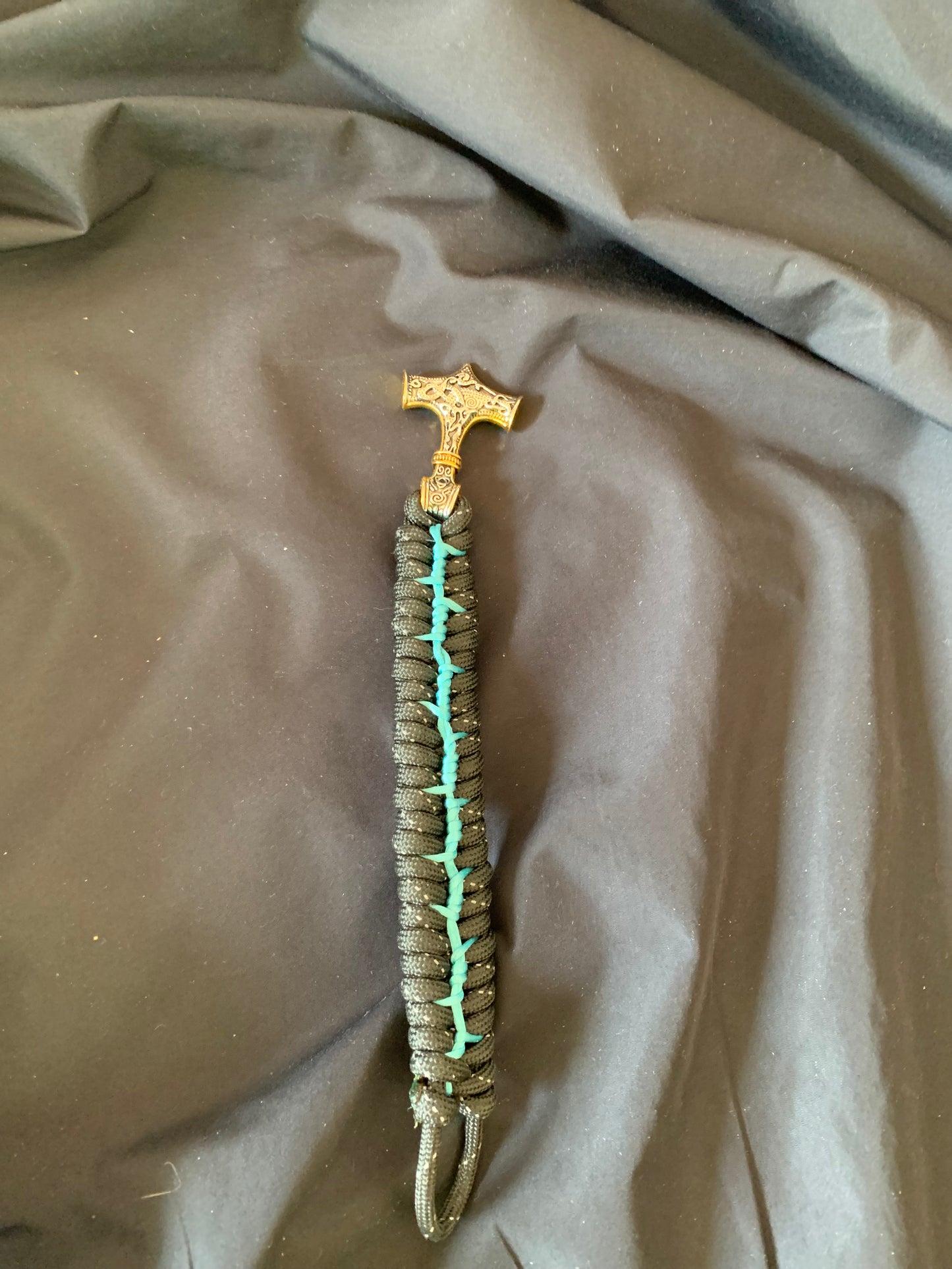 Paracord Bracelet Black With Light/blue Stiches ThorsHammer 7,5"