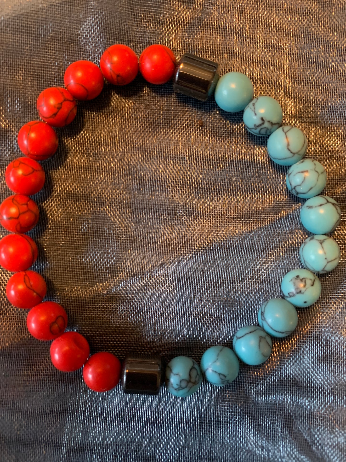 Bracelet Turquoise/Red Coral Howlite Semi Precious Stones Streches 7"