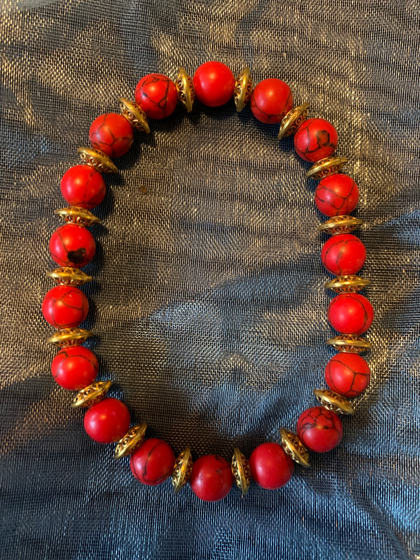 Bracelet Red Coral Bronse shields Semi Precious Stones Streches 7"