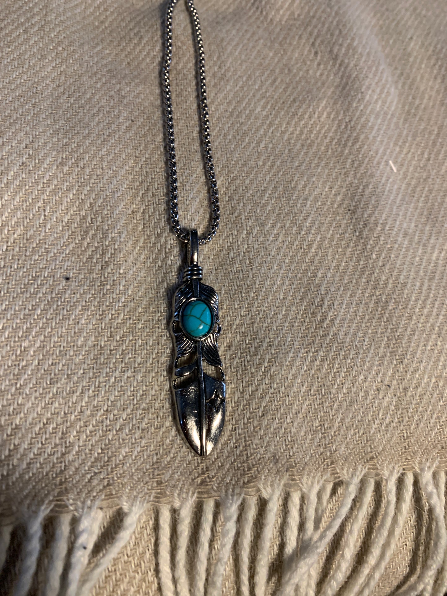 Necklace Viking Freedom Iron Feather With Turques Stone Chain 22"