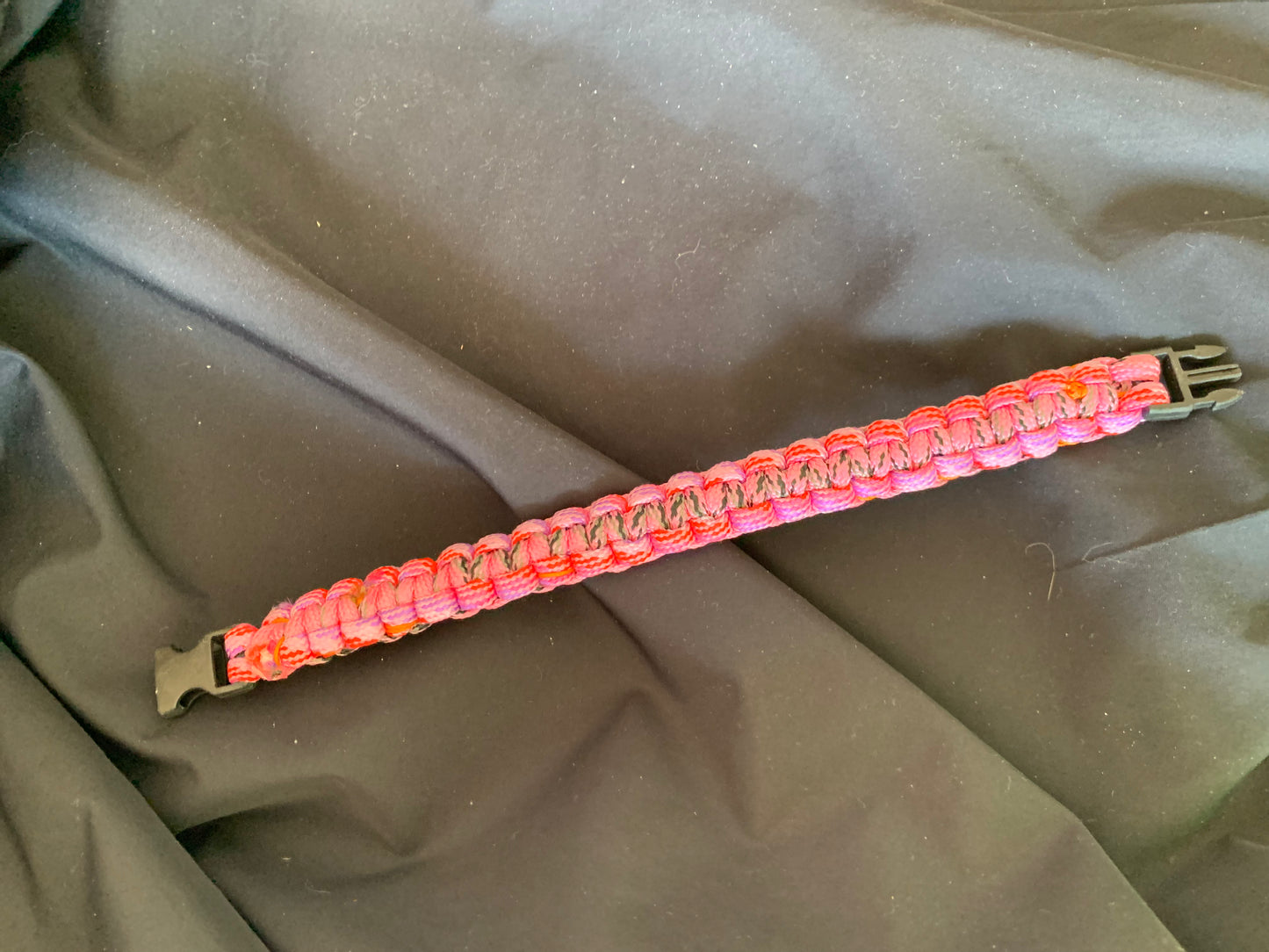 Paracord Bracelets Pink Orange Sticheds Cobra Weave Black Plastic Buckle 8"