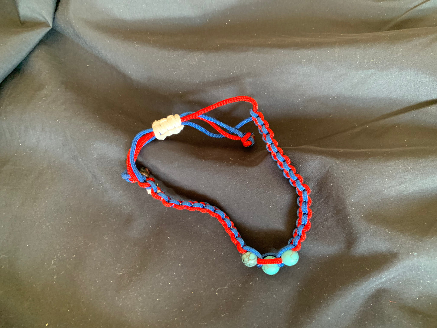 Paracord Bracelet Blue/Red Light Blue Beads Adjustable min 6"