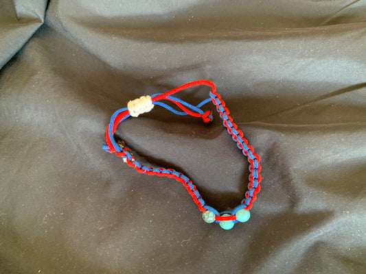 Paracord Bracelet Blue/Red Light Blue Beads Adjustable min 6"