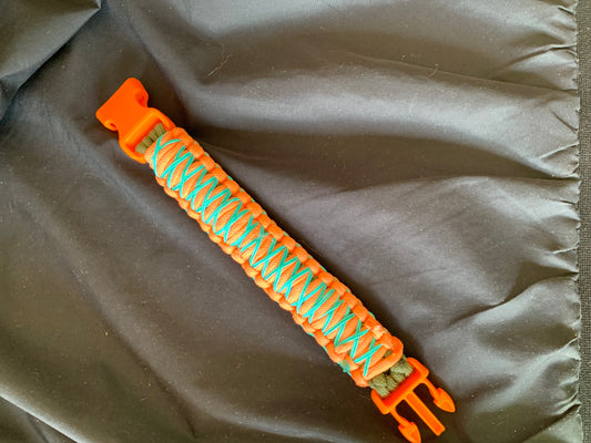 Paracord Bracelet Orange/Black Light Blue Stiched Orange Plastic Buckle 8"