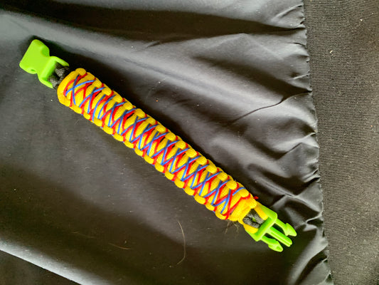 Paracord Yellow/Blue with Red/Blue Stiches Neon Green Plastic Bukle 7,5"
