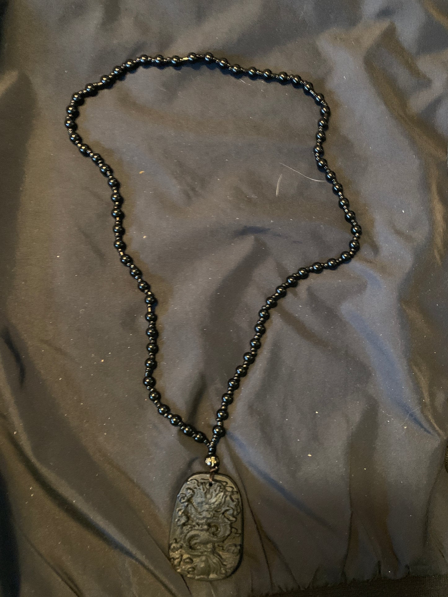 Neckles BlackOnyx Beads With Chinese Sculpture 26"