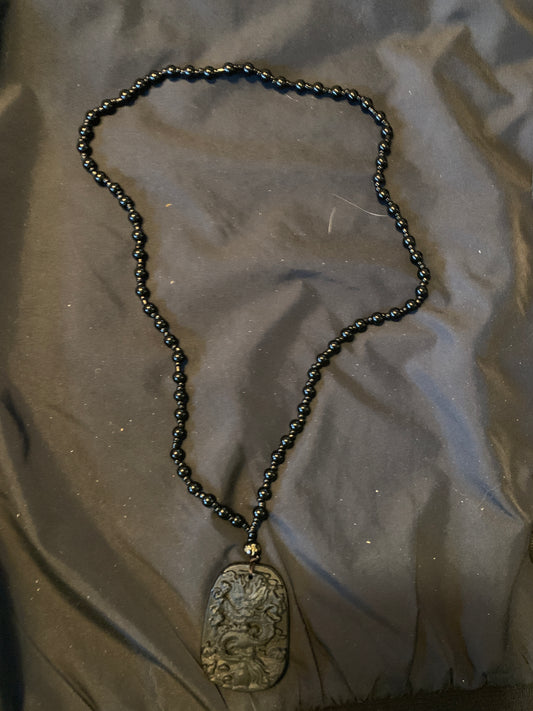 Neckles BlackOnyx Beads With Chinese Sculpture 26"