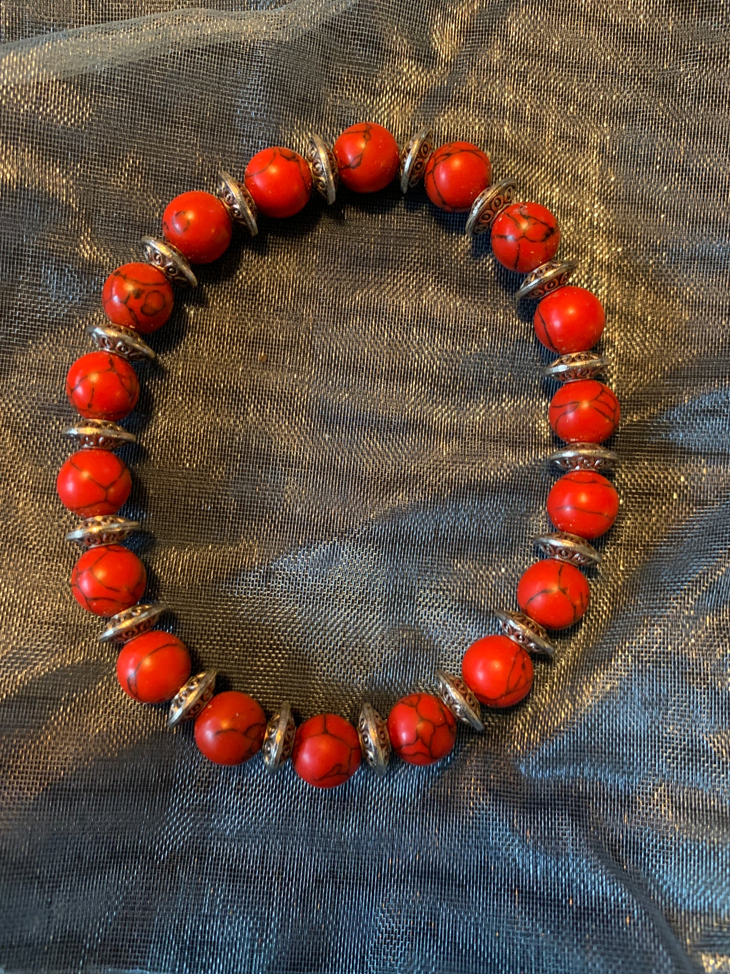 Bracelet Red Coral silver shields Semi Precious Stones Streches 7"