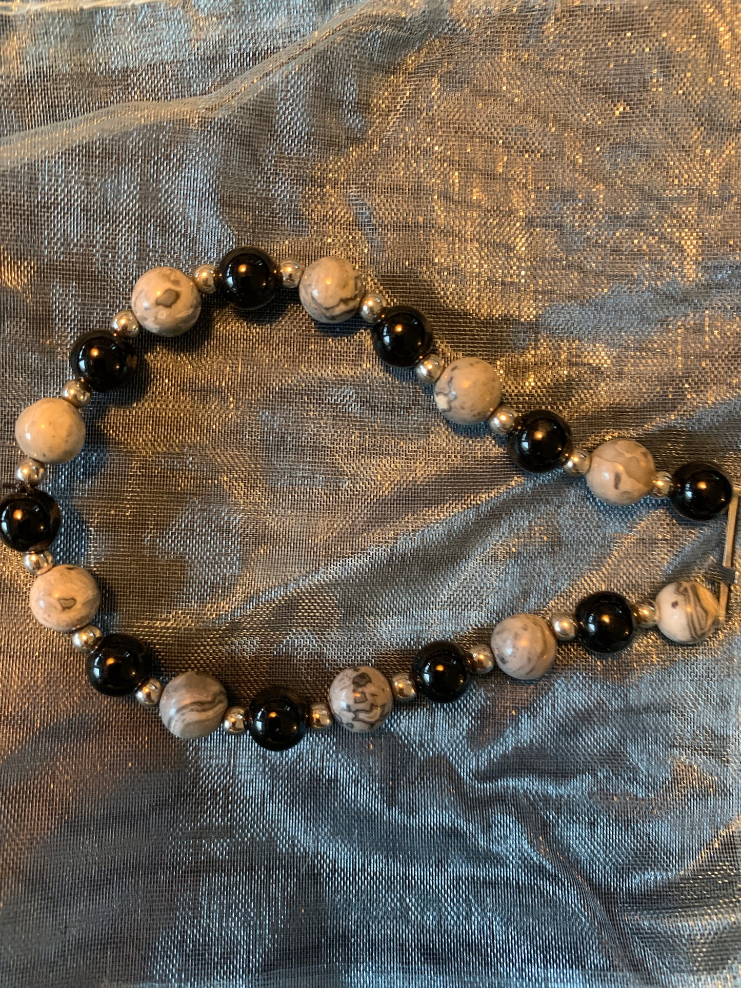 Bracelet Black and Grey Magnesit Semi Precious Stones Streches 8"