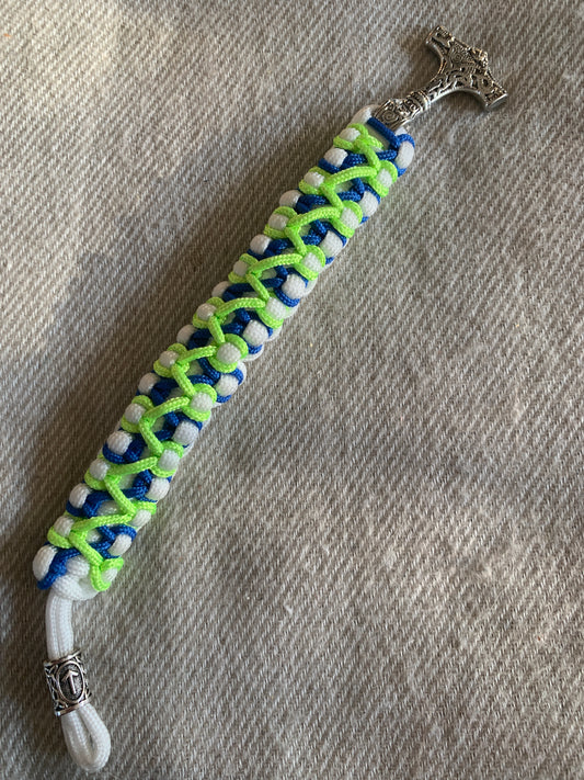 Paracord White Blue/Neon Sticheds Viking Thorshammer and Runa 8"