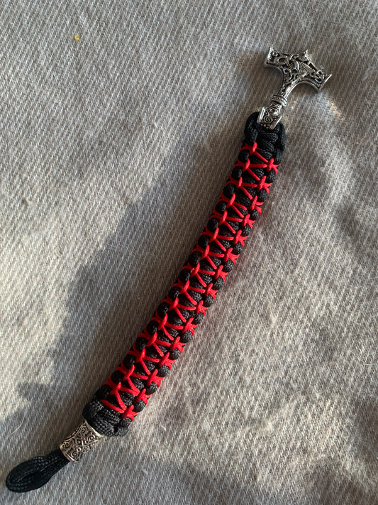 Paracord Bracelets Black With Red Stiches ThorsHammer and Viking Rune sleve 8"
