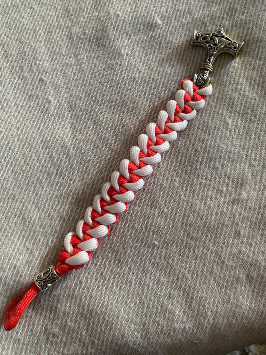 Paracord Bracelet Red/White Shark Jaw Weave TorsHammer and Rune 7"